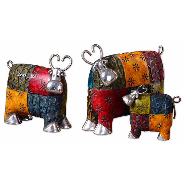 Colorful Cows Metal Figurines, Set/3 - Click Image to Close