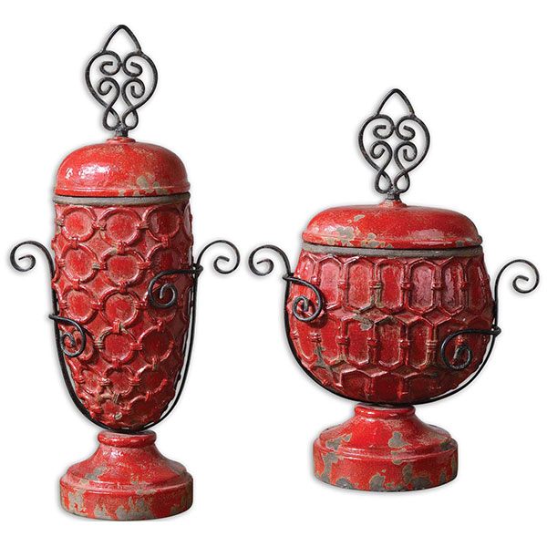 Ancel Faded Red Ceramic Urns, Set/2 - Click Image to Close