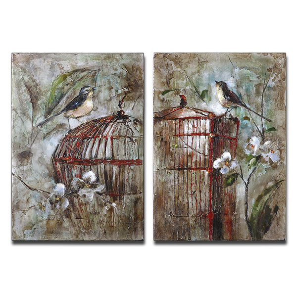 Birds In A Cage Canvas Art Set/2 - Click Image to Close