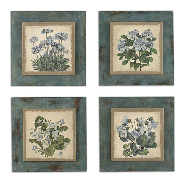 Florals In Blue Art Set/4 - Click Image to Close