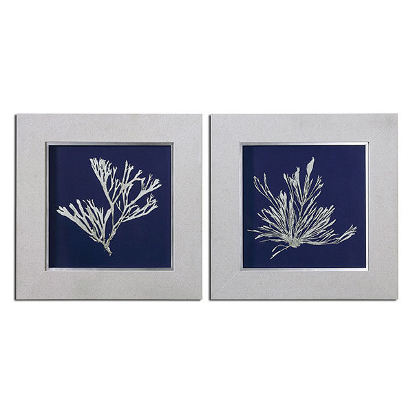 Seaweed On Navy Wall Art S/2 - Click Image to Close