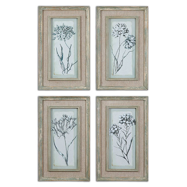 Aqua Flowers Framed Art Set/4 - Click Image to Close